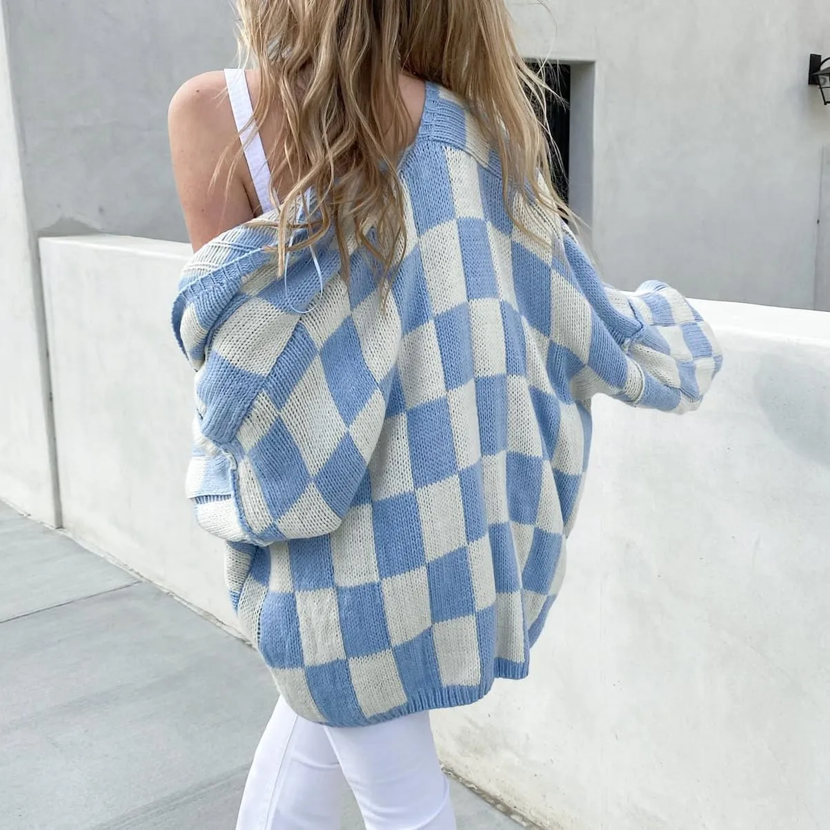 Women Oversized Plaid Cardigan Y2K Long Sleeve Checkered Open Front Knit Sweater Casual Loose Outwear Streetwear