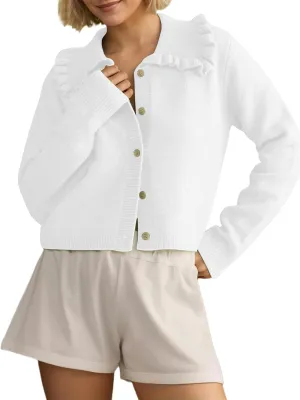 Women Ruffle Collar Button Down Cropped Cardigan Long Sleeve Open Front Knit Sweaters Peplum Sweater Crop Jacket Tops