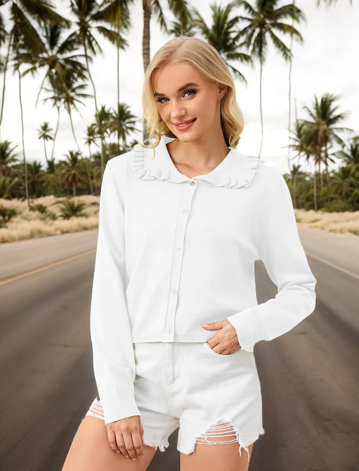 Women Ruffle Collar Button Down Cropped Cardigan Long Sleeve Open Front Knit Sweaters Peplum Sweater Crop Jacket Tops