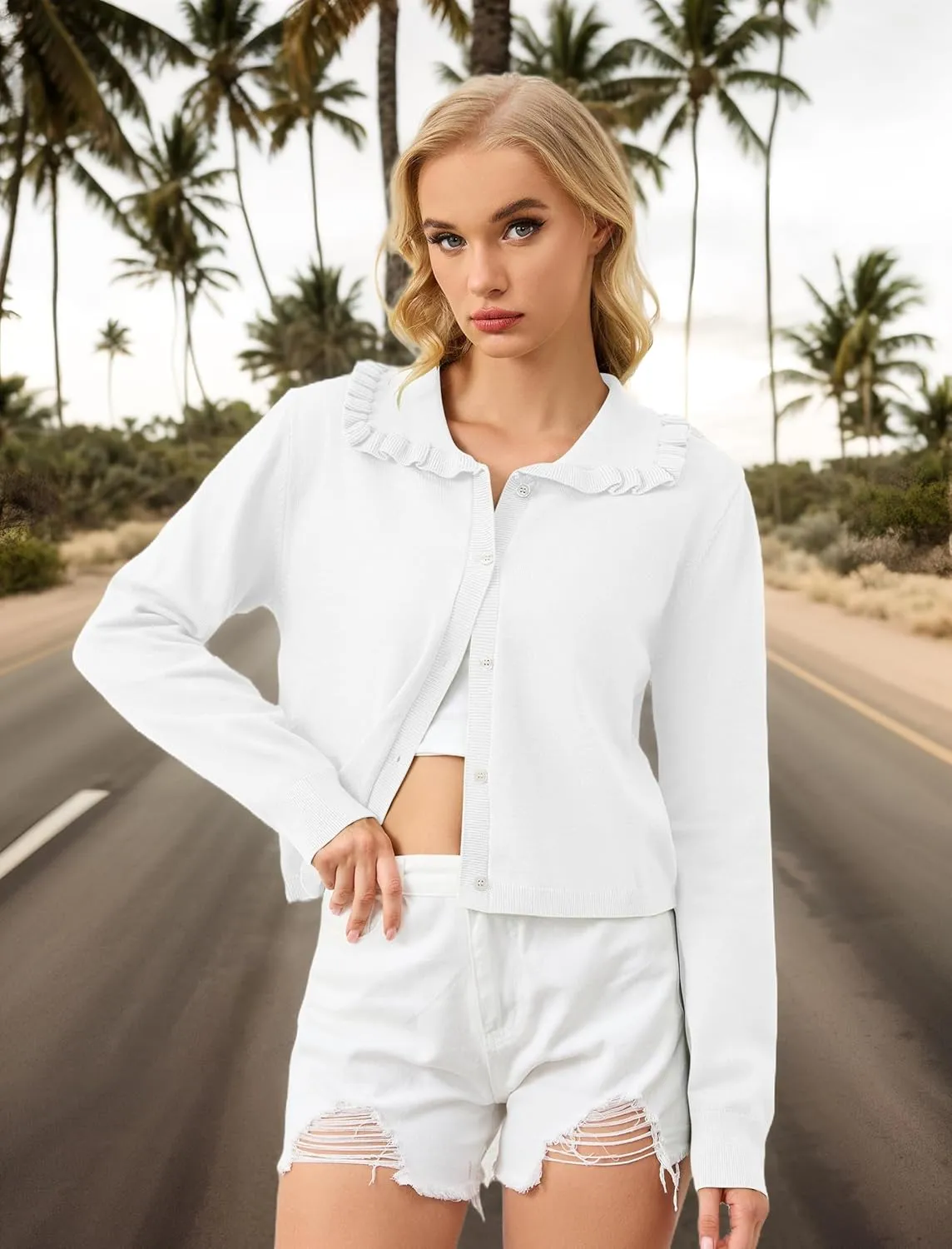 Women Ruffle Collar Button Down Cropped Cardigan Long Sleeve Open Front Knit Sweaters Peplum Sweater Crop Jacket Tops