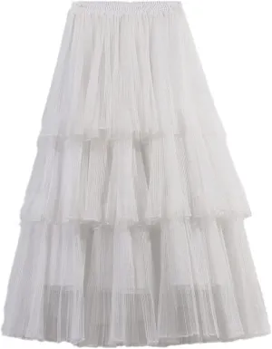 Women Summer Cake Skirt Tulle Skirts Fashion Elastic High Waist Midi Skirt Pleated Female Skirts