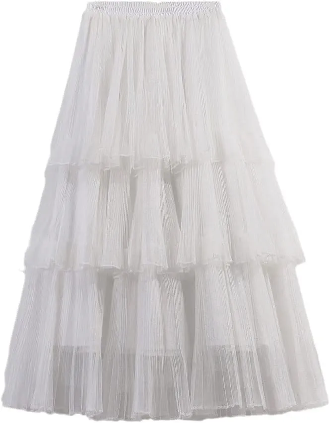 Women Summer Cake Skirt Tulle Skirts Fashion Elastic High Waist Midi Skirt Pleated Female Skirts