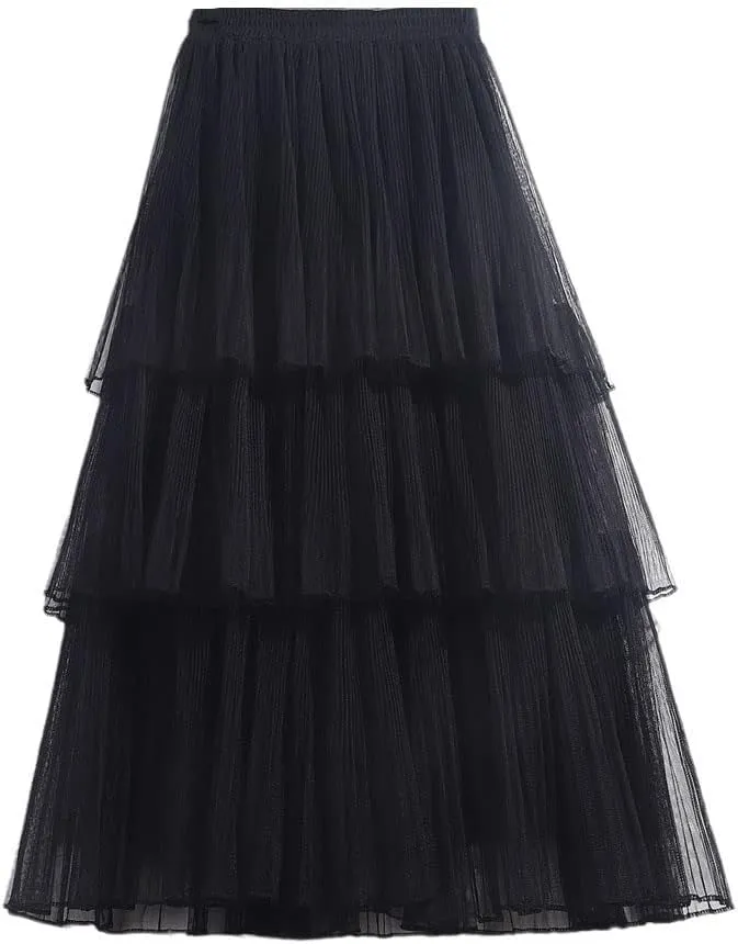Women Summer Cake Skirt Tulle Skirts Fashion Elastic High Waist Midi Skirt Pleated Female Skirts