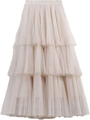 Women Summer Cake Skirt Tulle Skirts Fashion Elastic High Waist Midi Skirt Pleated Female Skirts