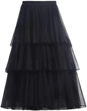 Women Summer Cake Skirt Tulle Skirts Fashion Elastic High Waist Midi Skirt Pleated Female Skirts