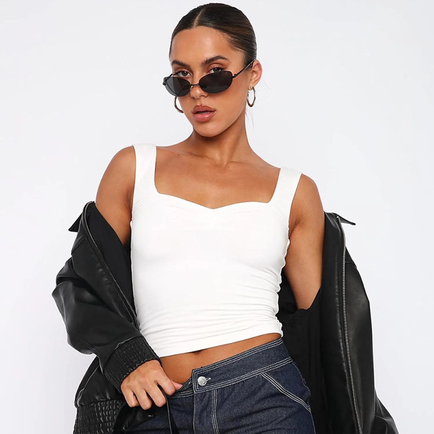 Women Sweetheart Neckline Basic Fitted Tops Long Sleeve Going Out Crop Tops Ruched T Shirts