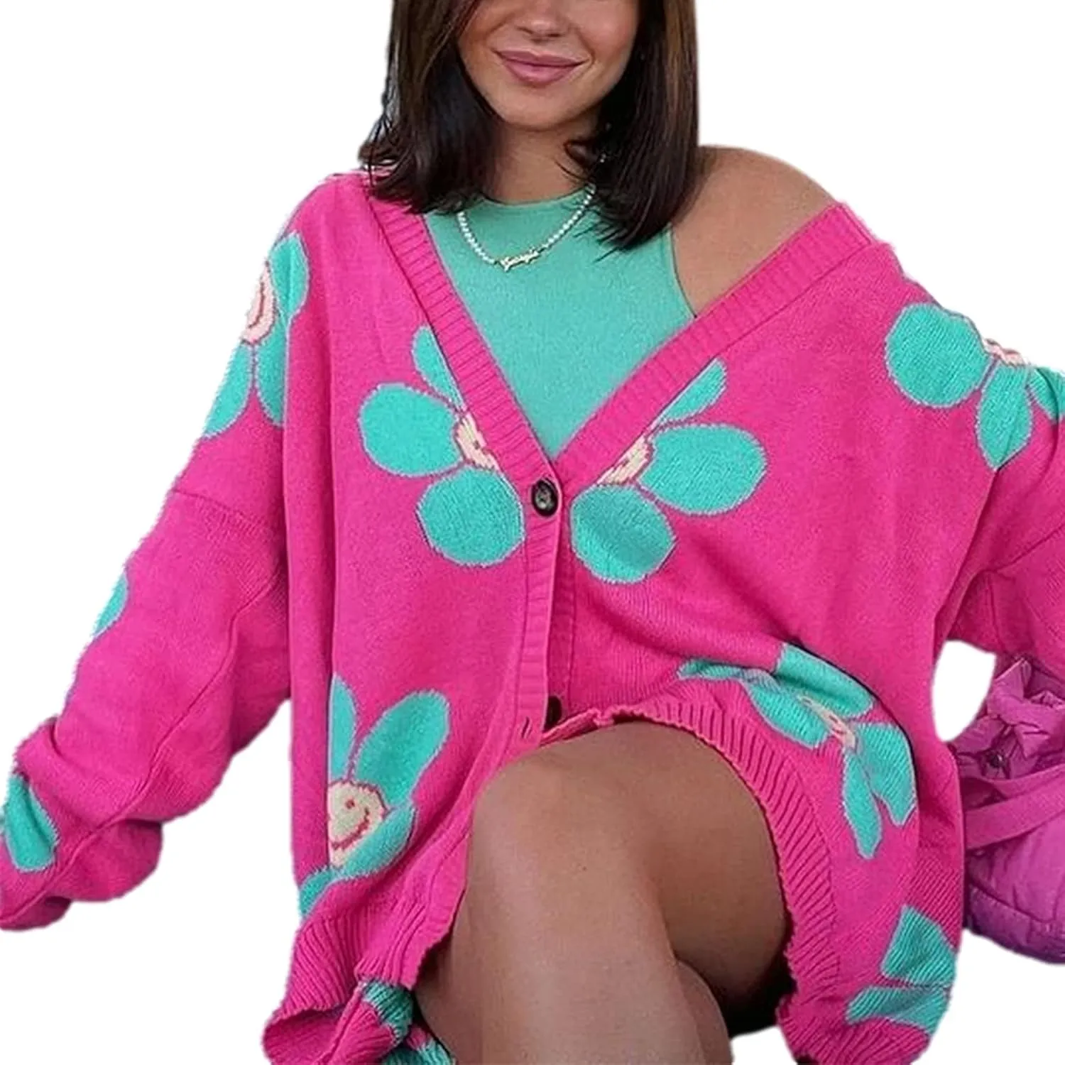 Women Valentines Day Heart Sweater Cardigan Long Sleeve Button Open Front Casual Loose Knit Sweater Outerwear