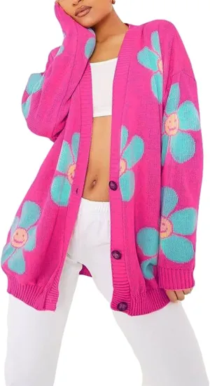 Women Valentines Day Heart Sweater Cardigan Long Sleeve Button Open Front Casual Loose Knit Sweater Outerwear