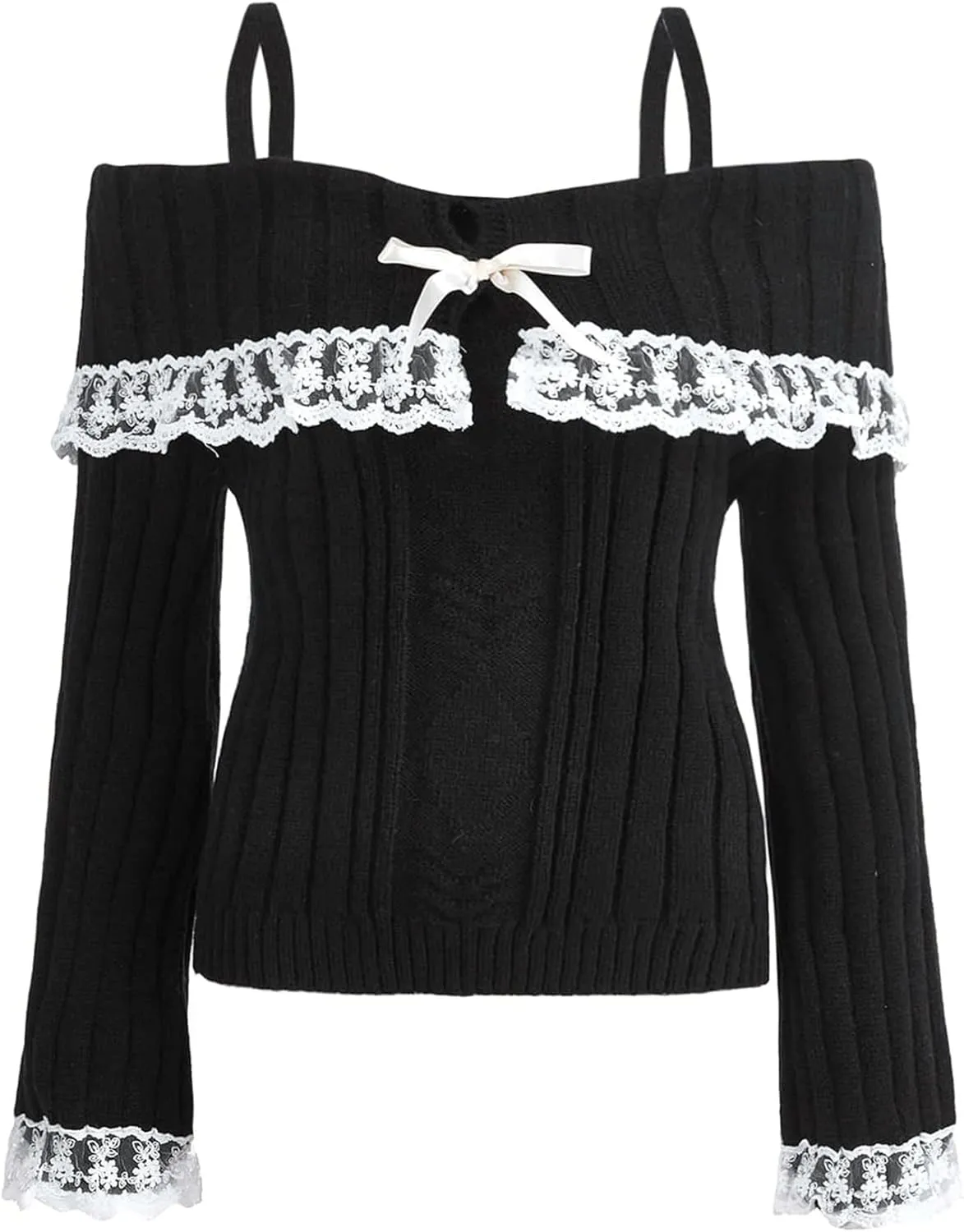Women Y2k Bow Knit Sweater Loose Fit Long Sleeve Ribbon Drawstring Eyelet Cropped Jumper Going Out Coquette Clothes