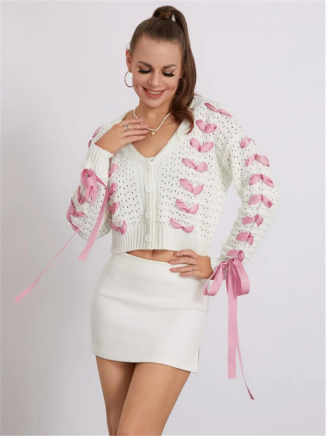 Women Y2k Bow Knit Sweater Loose Fit Long Sleeve Ribbon Drawstring Eyelet Cropped Jumper Going Out Coquette Clothes