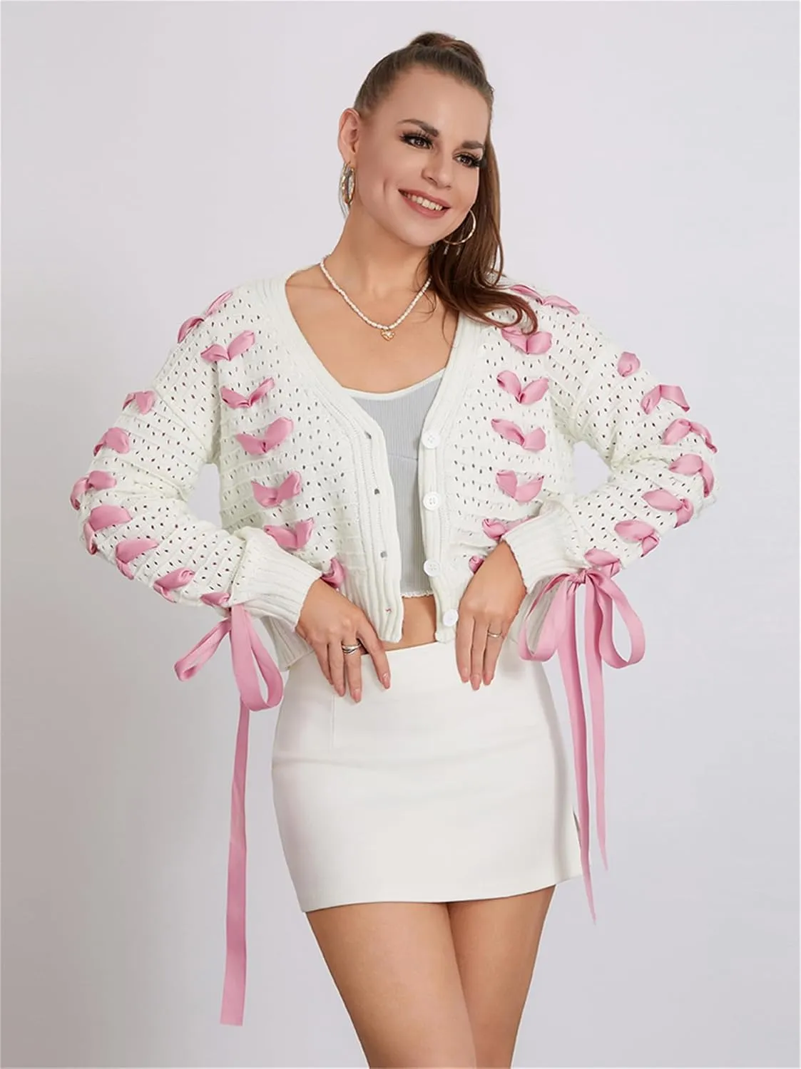 Women Y2k Bow Knit Sweater Loose Fit Long Sleeve Ribbon Drawstring Eyelet Cropped Jumper Going Out Coquette Clothes