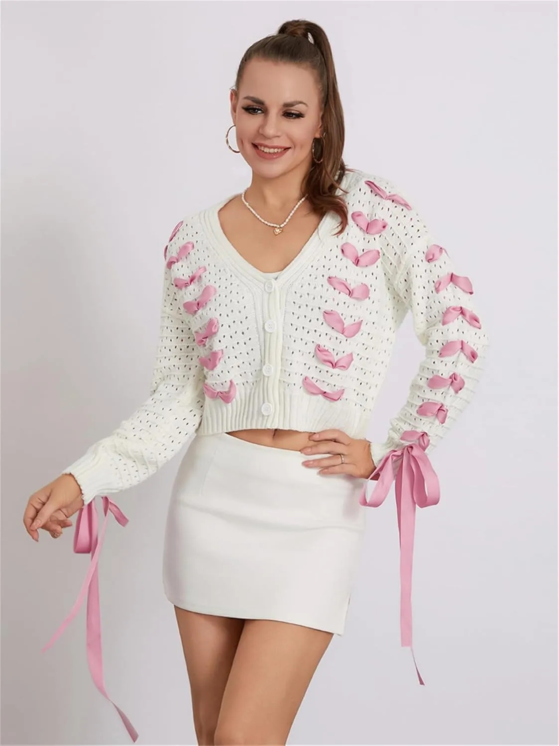 Women Y2k Bow Knit Sweater Loose Fit Long Sleeve Ribbon Drawstring Eyelet Cropped Jumper Going Out Coquette Clothes