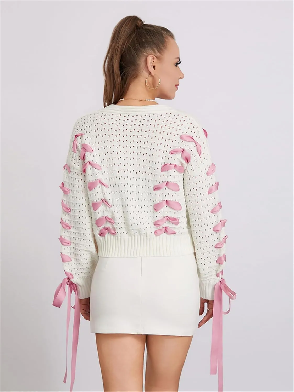 Women Y2k Bow Knit Sweater Loose Fit Long Sleeve Ribbon Drawstring Eyelet Cropped Jumper Going Out Coquette Clothes