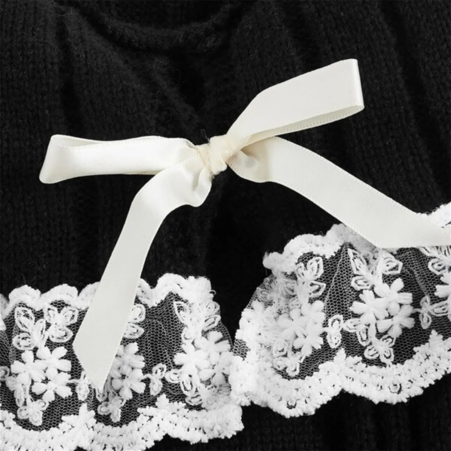 Women Y2k Bow Knit Sweater Loose Fit Long Sleeve Ribbon Drawstring Eyelet Cropped Jumper Going Out Coquette Clothes
