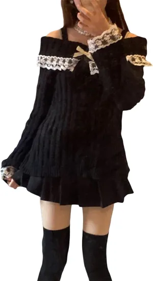 Women Y2k Bow Knit Sweater Loose Fit Long Sleeve Ribbon Drawstring Eyelet Cropped Jumper Going Out Coquette Clothes