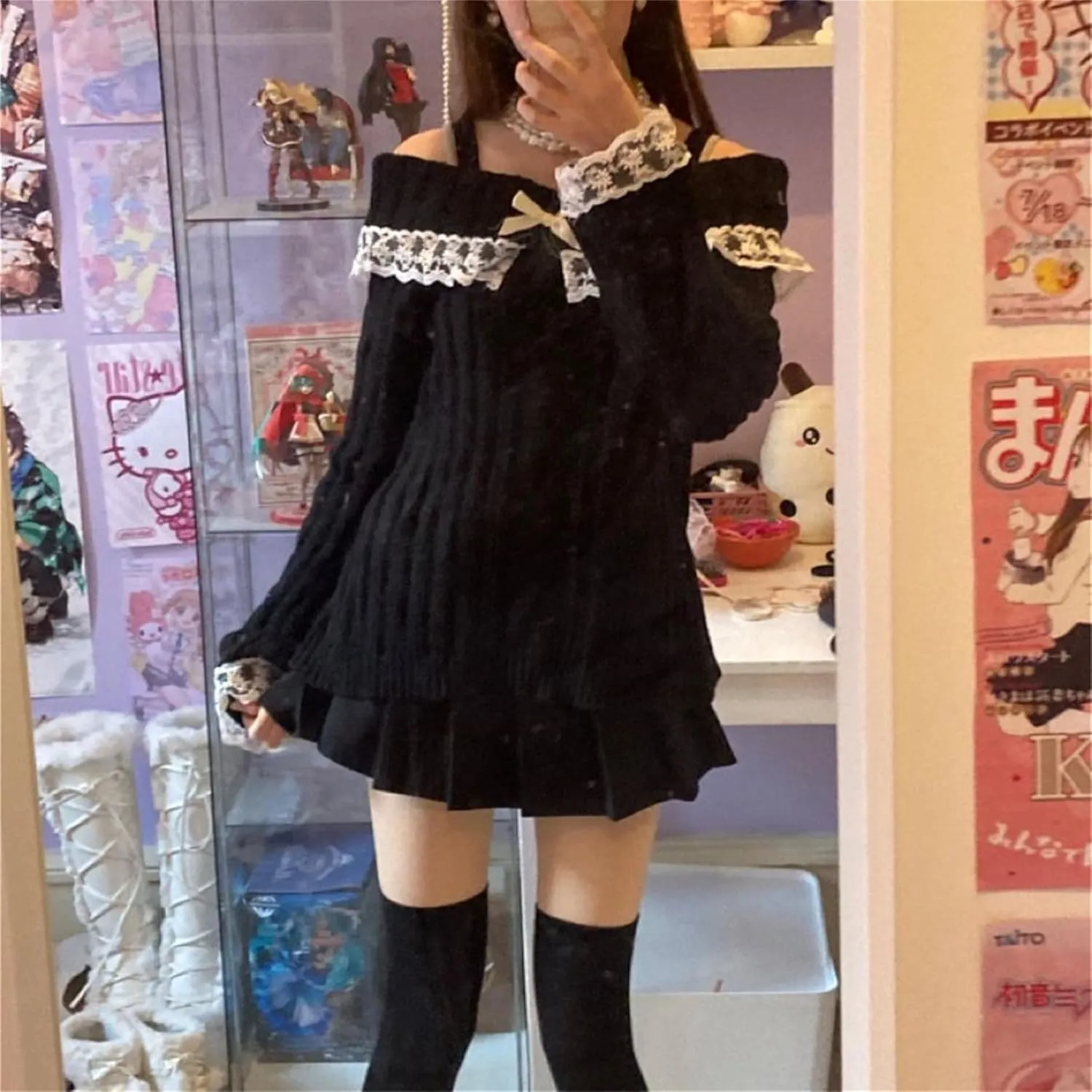 Women Y2k Bow Knit Sweater Loose Fit Long Sleeve Ribbon Drawstring Eyelet Cropped Jumper Going Out Coquette Clothes