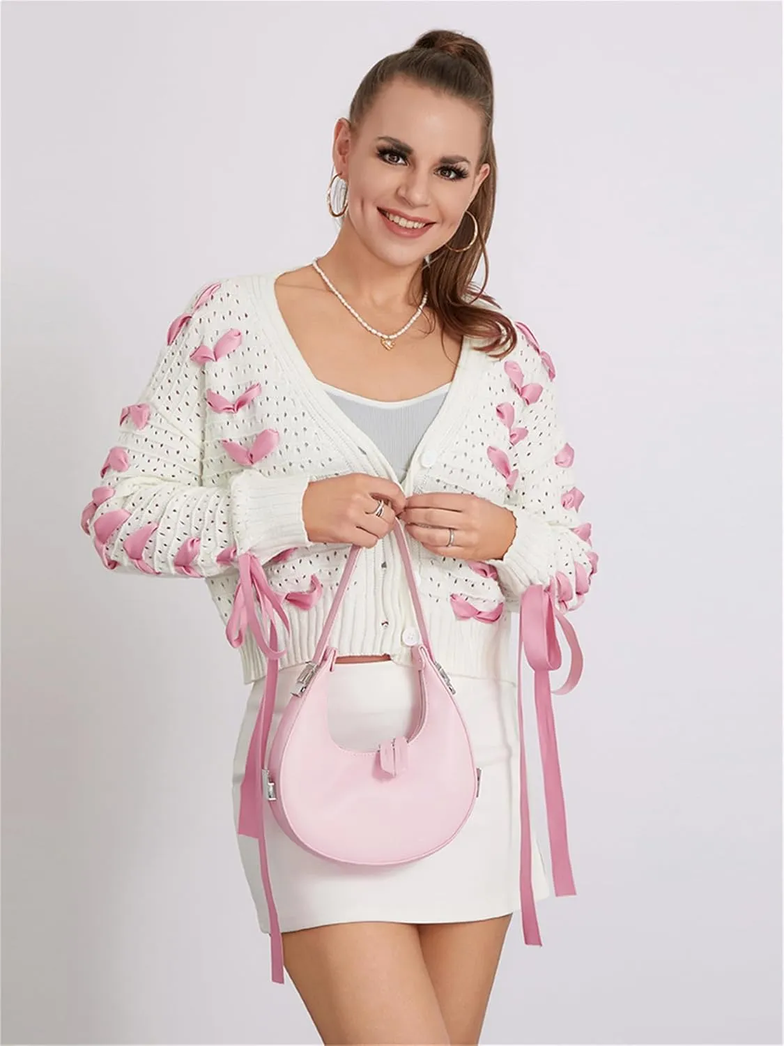 Women Y2k Bow Knit Sweater Loose Fit Long Sleeve Ribbon Drawstring Eyelet Cropped Jumper Going Out Coquette Clothes
