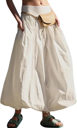 Women Y2k Bubble Maxi Skirt Low Elastic Waist A Line Long Skirt Summer Ruffle Pleated Midi Puffball Skirt