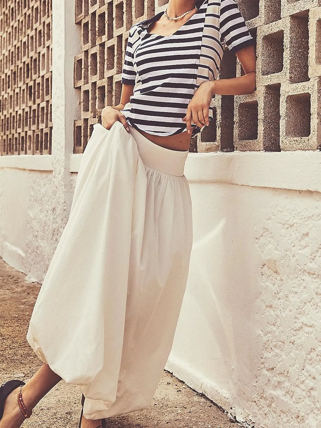 Women Y2k Bubble Maxi Skirt Low Elastic Waist A Line Long Skirt Summer Ruffle Pleated Midi Puffball Skirt