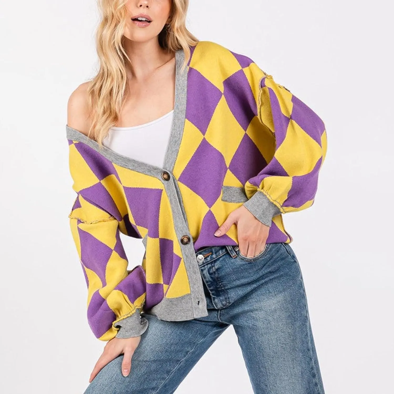 Women Y2k Plaid Cardigan Sweater Oversized Checkered Open Front Cardigan Button Down Long Sleeve Sweater Streetwear