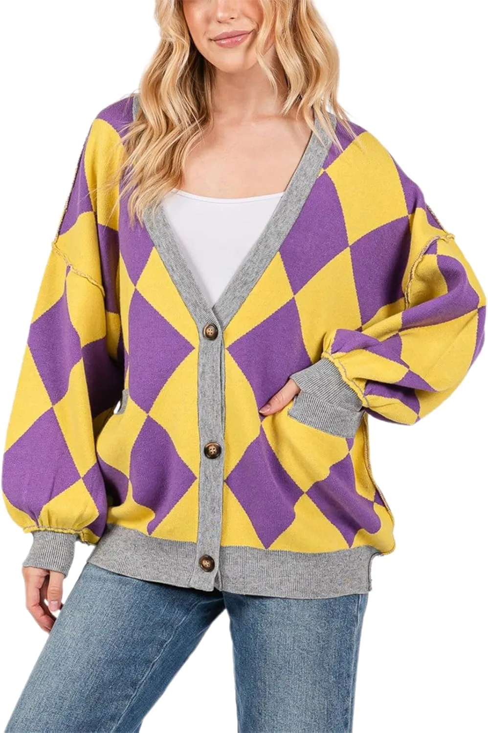 Women Y2k Plaid Cardigan Sweater Oversized Checkered Open Front Cardigan Button Down Long Sleeve Sweater Streetwear