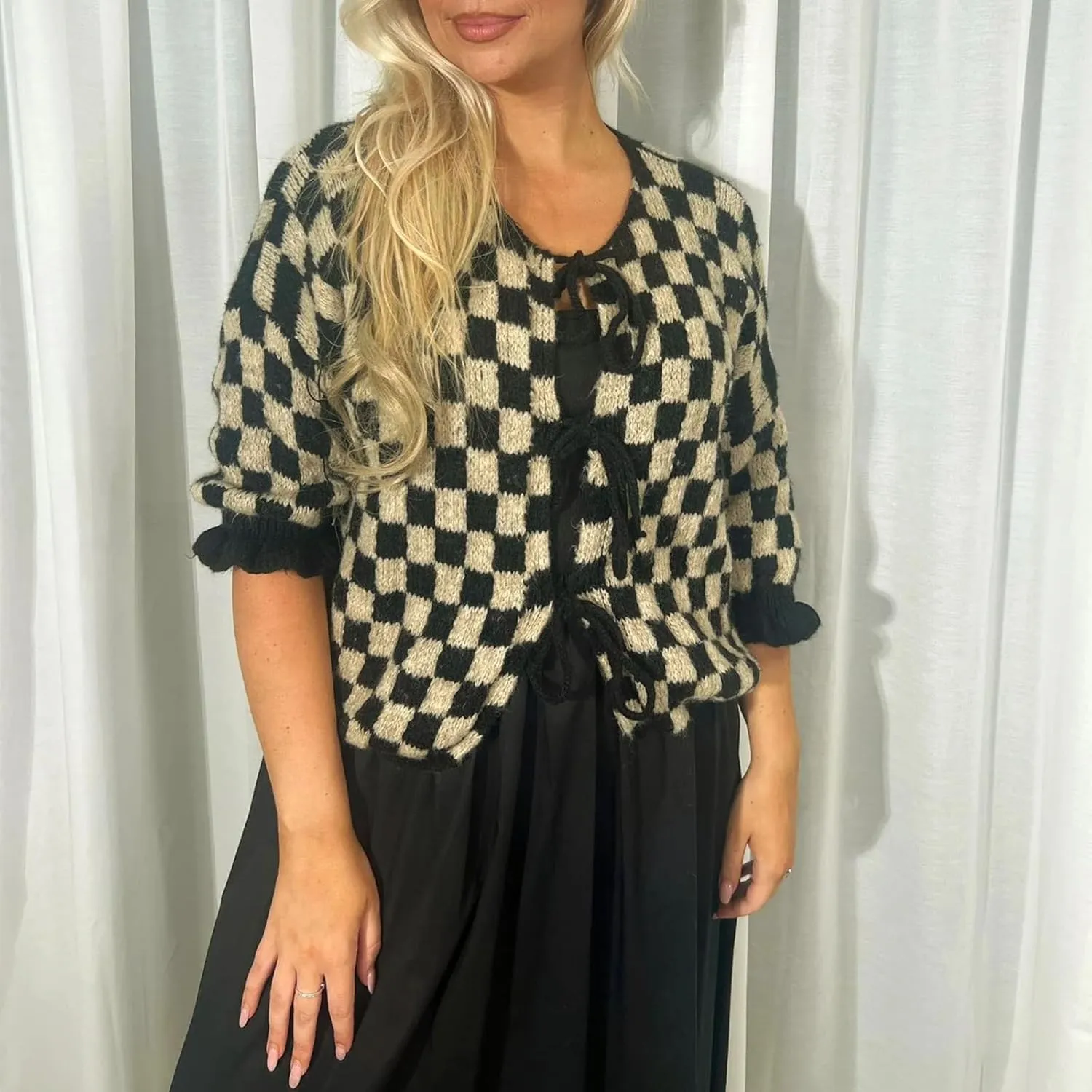 Women Y2K Tie Front Cardigan Sweater Ruffle Short Sleeve Checkered Open Front Knit Sweater Cute Loose Knitwear Tops