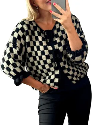 Women Y2K Tie Front Cardigan Sweater Ruffle Short Sleeve Checkered Open Front Knit Sweater Cute Loose Knitwear Tops