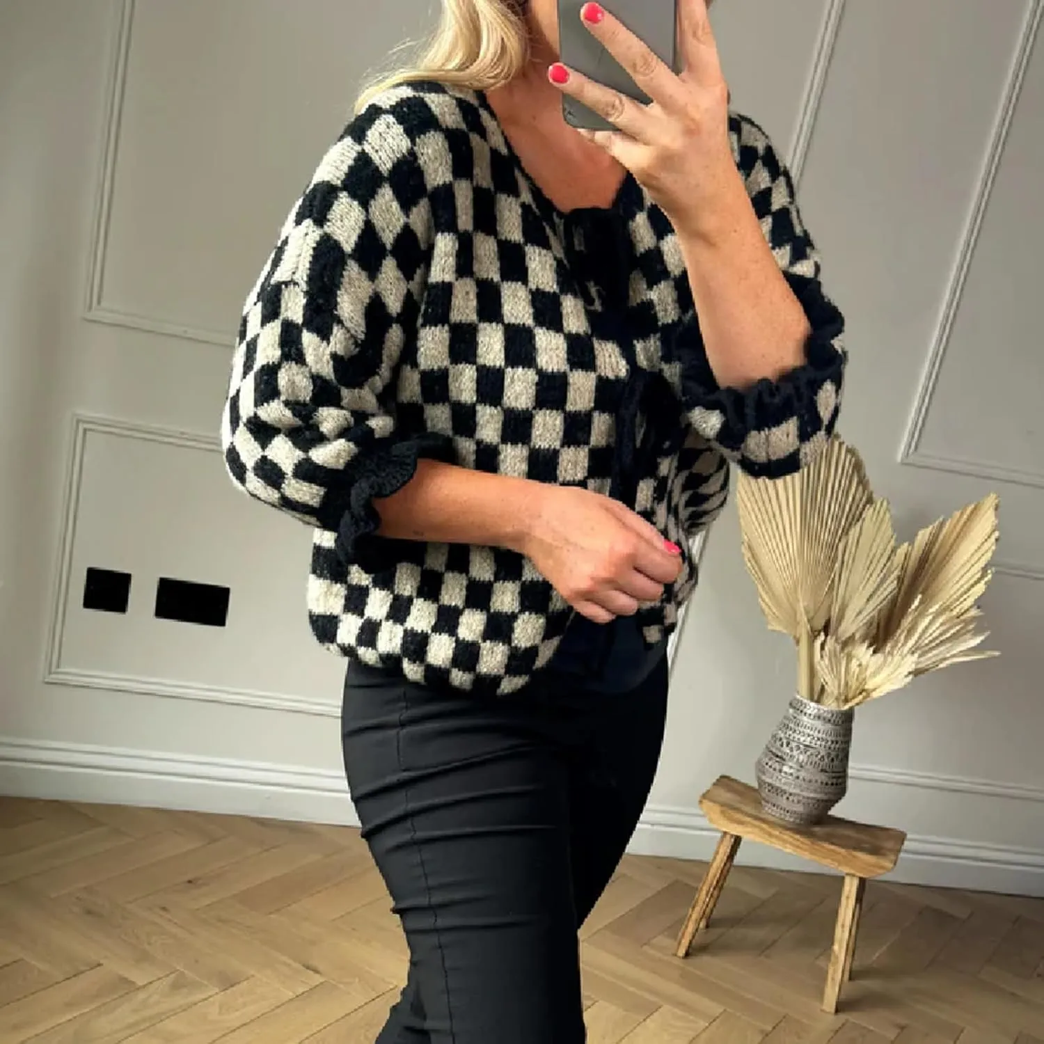Women Y2K Tie Front Cardigan Sweater Ruffle Short Sleeve Checkered Open Front Knit Sweater Cute Loose Knitwear Tops