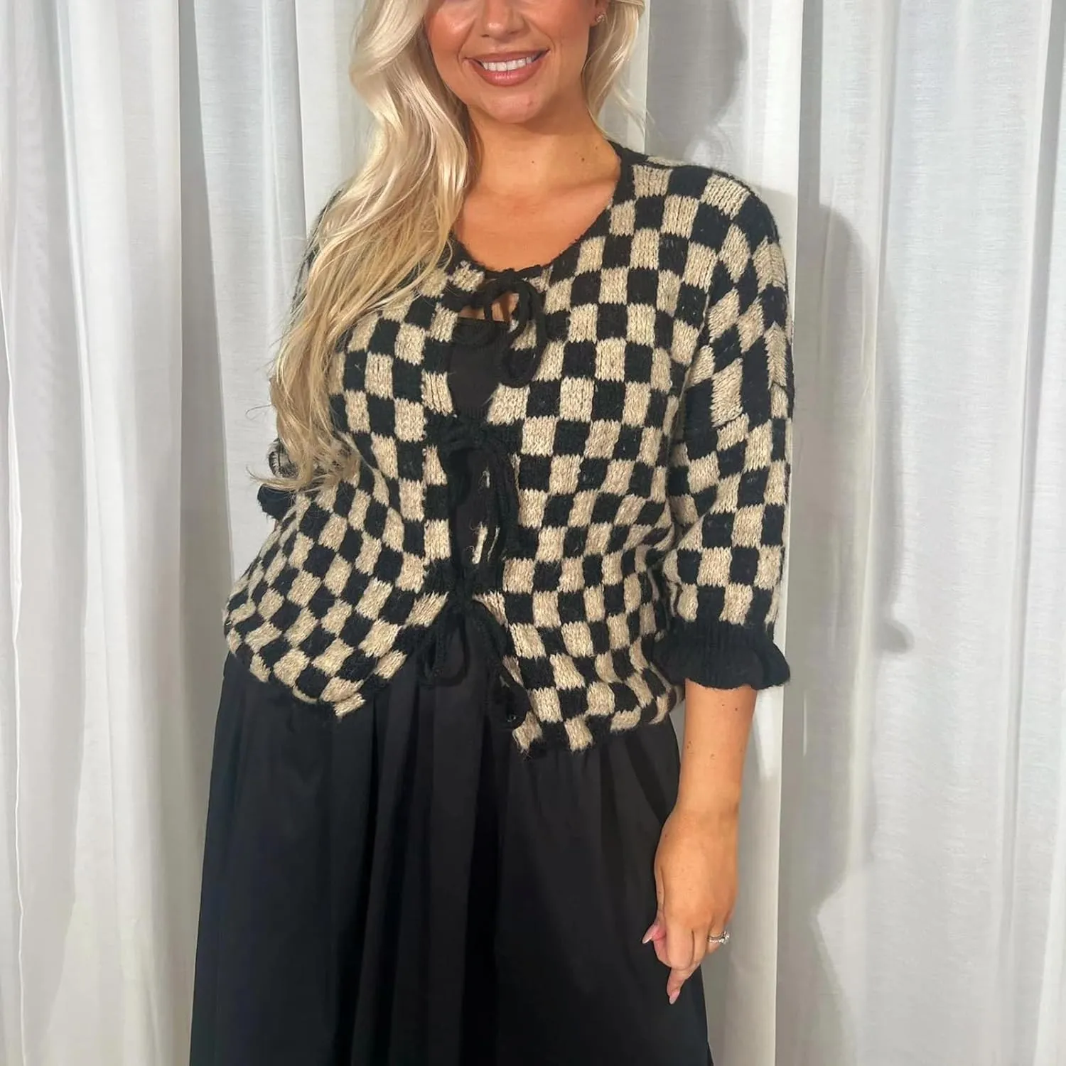 Women Y2K Tie Front Cardigan Sweater Ruffle Short Sleeve Checkered Open Front Knit Sweater Cute Loose Knitwear Tops