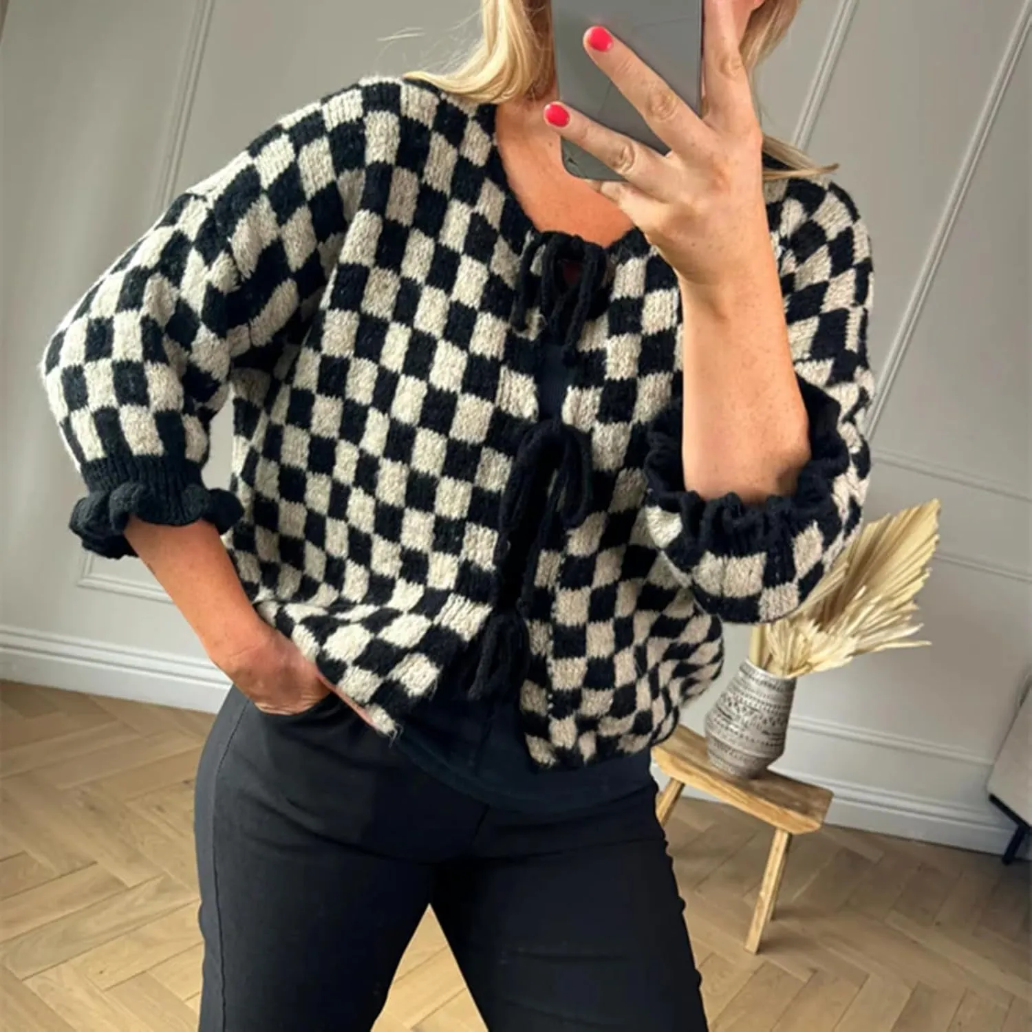 Women Y2K Tie Front Cardigan Sweater Ruffle Short Sleeve Checkered Open Front Knit Sweater Cute Loose Knitwear Tops