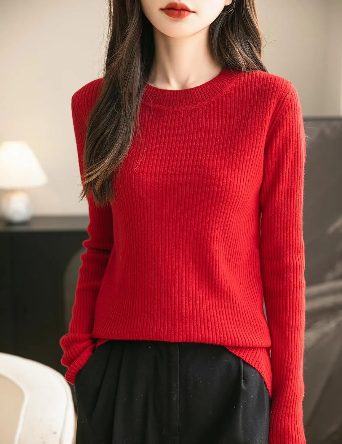 Women's 100% Merino Wool Sweater 2025 Fall Winter Crew Neck Long Sleeve Warm Soft Ribbed Knit Pullover Sweater