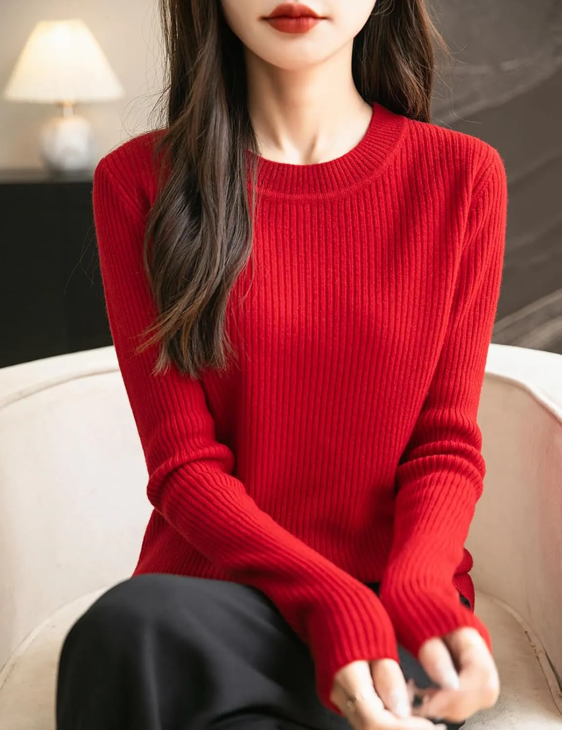 Women's 100% Merino Wool Sweater 2025 Fall Winter Crew Neck Long Sleeve Warm Soft Ribbed Knit Pullover Sweater