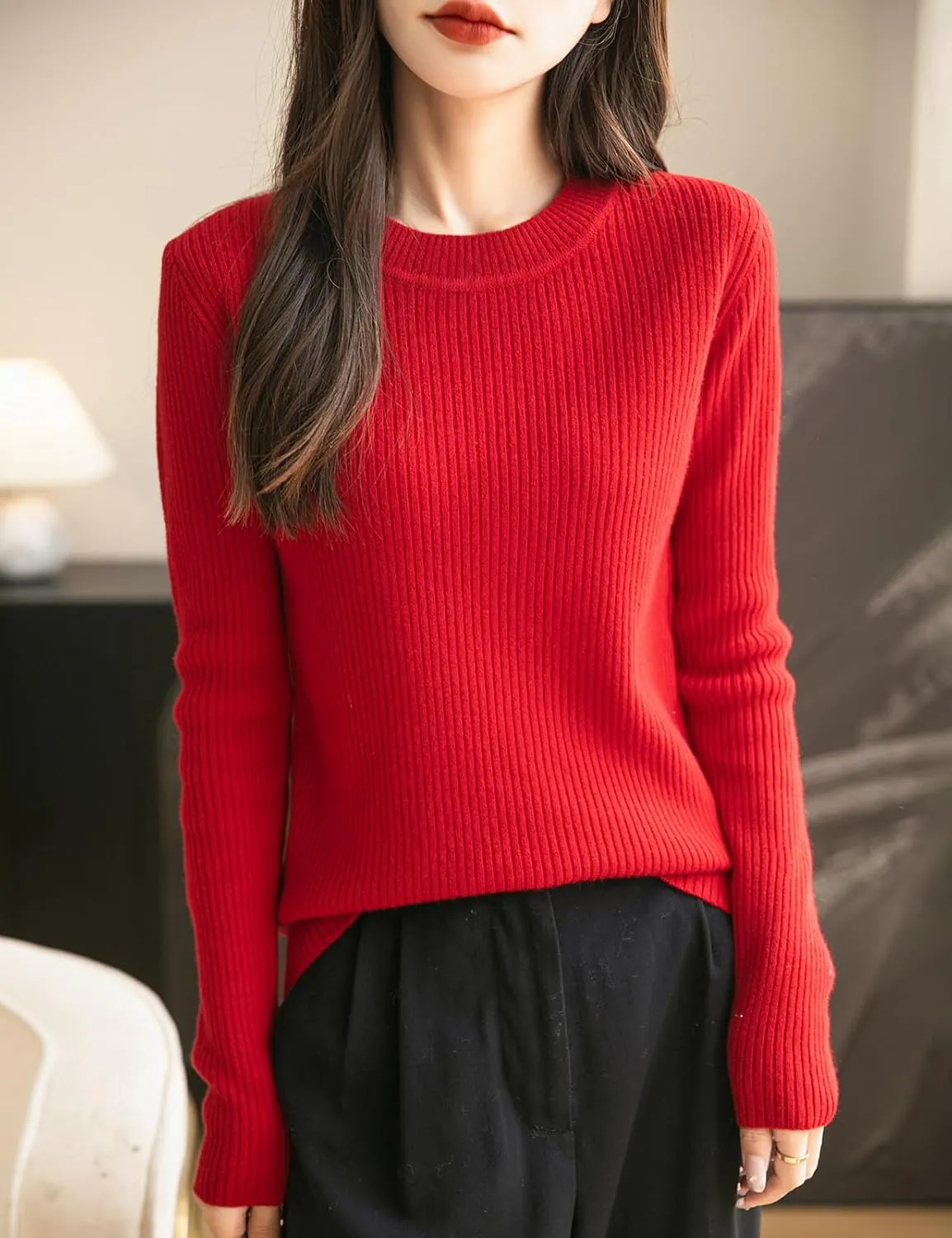 Women's 100% Merino Wool Sweater 2025 Fall Winter Crew Neck Long Sleeve Warm Soft Ribbed Knit Pullover Sweater