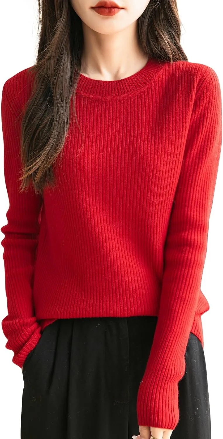 Women's 100% Merino Wool Sweater 2025 Fall Winter Crew Neck Long Sleeve Warm Soft Ribbed Knit Pullover Sweater