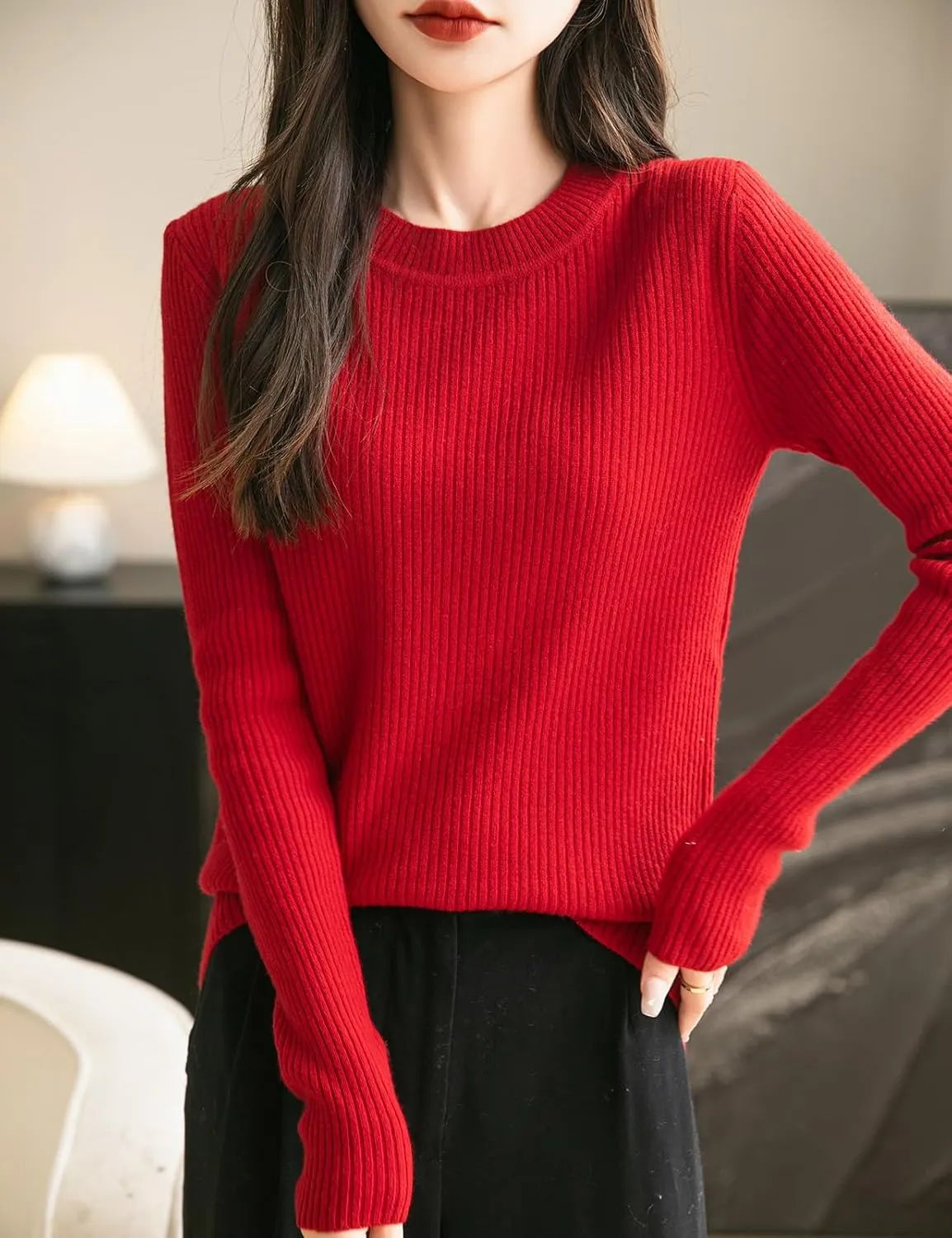 Women's 100% Merino Wool Sweater 2025 Fall Winter Crew Neck Long Sleeve Warm Soft Ribbed Knit Pullover Sweater
