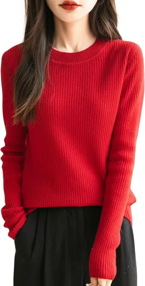 Women's 100% Merino Wool Sweater 2025 Fall Winter Crew Neck Long Sleeve Warm Soft Ribbed Knit Pullover Sweater