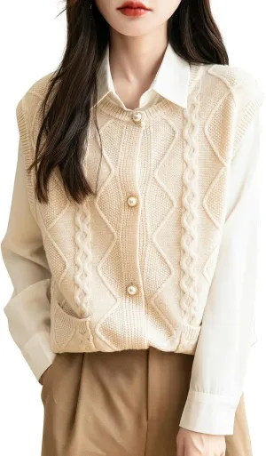 Women's 100% Merino Wool Sweater Vest 2025 Fall Winter Crew Neck Button Down Sleeveless Cable Knit Sweater Vest