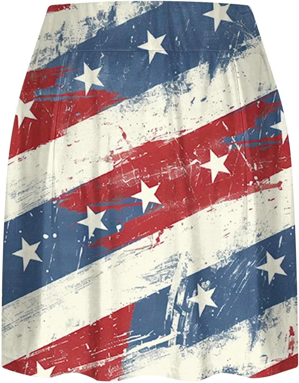 Womens 2 in 1 American Flag Pride Tennis Skirts High Waisted Ed White Blue Star Stripes Athletic Golf Workout Skirts