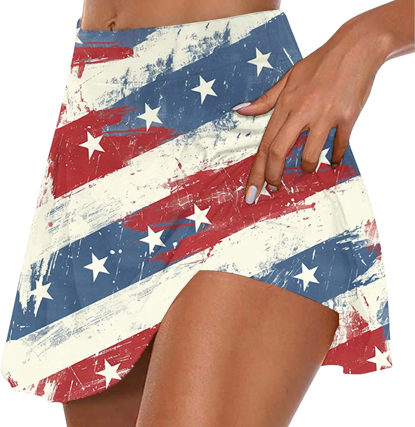 Womens 2 in 1 American Flag Pride Tennis Skirts High Waisted Ed White Blue Star Stripes Athletic Golf Workout Skirts