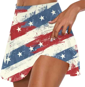 Womens 2 in 1 American Flag Pride Tennis Skirts High Waisted Ed White Blue Star Stripes Athletic Golf Workout Skirts