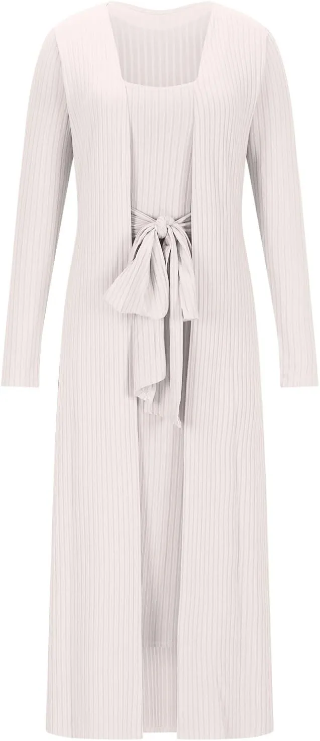 Women's 2 Piece Knitted Outfits Spaghetti Strap Bodycon Midi Dress with Belted Sexy Open Front Long Cardigan Set
