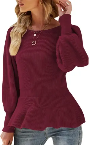 Womens 2024 Fall Puff Sleeve Peplum Casual Slim Fit Knit Pullover Sweater Jumper Tops