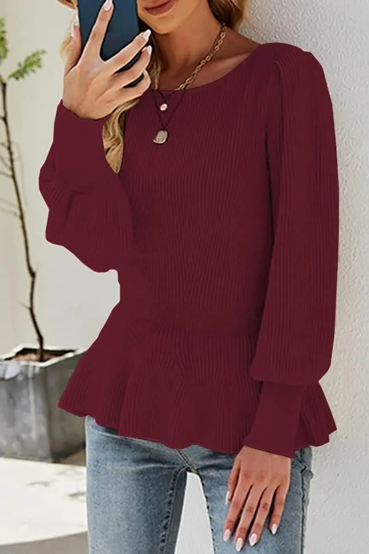 Womens 2024 Fall Puff Sleeve Peplum Casual Slim Fit Knit Pullover Sweater Jumper Tops