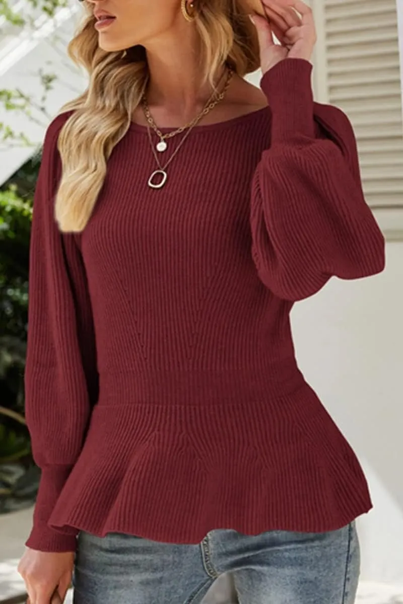 Womens 2024 Fall Puff Sleeve Peplum Casual Slim Fit Knit Pullover Sweater Jumper Tops