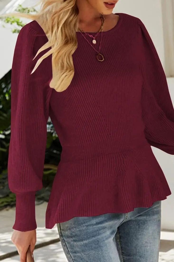 Womens 2024 Fall Puff Sleeve Peplum Casual Slim Fit Knit Pullover Sweater Jumper Tops