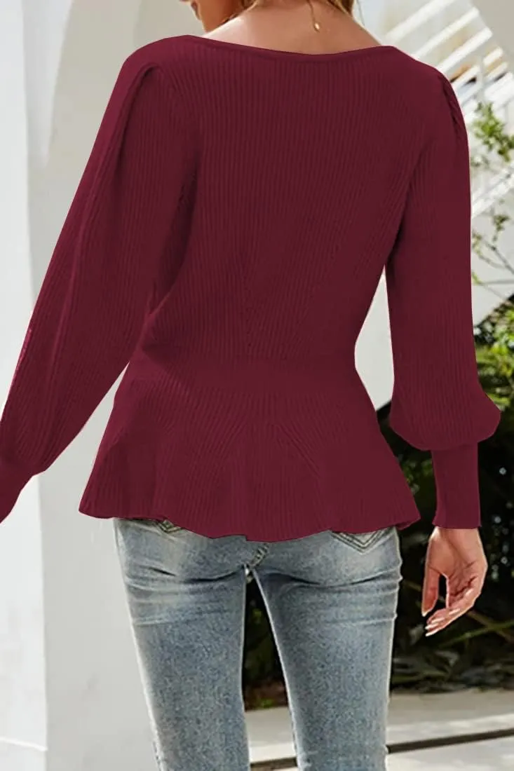 Womens 2024 Fall Puff Sleeve Peplum Casual Slim Fit Knit Pullover Sweater Jumper Tops
