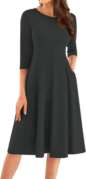 Womens 3/4 Sleeve Round Neck Casual Semi-Formal Cocktail Party A-Line Dress Vintage Elegant Mid-Length Dress