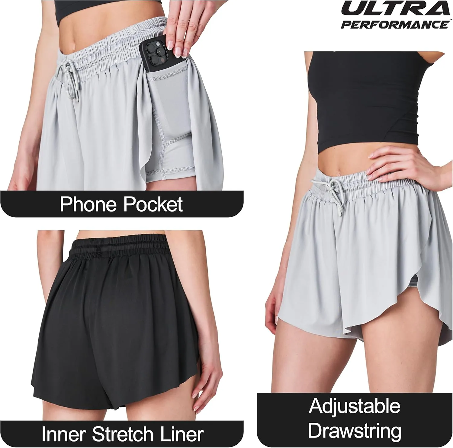 Womens Athletic Running Shorts 2 Pack Women's Butterfly Flowy Short's 2 in 1 Gym Workout Summer Short for Women
