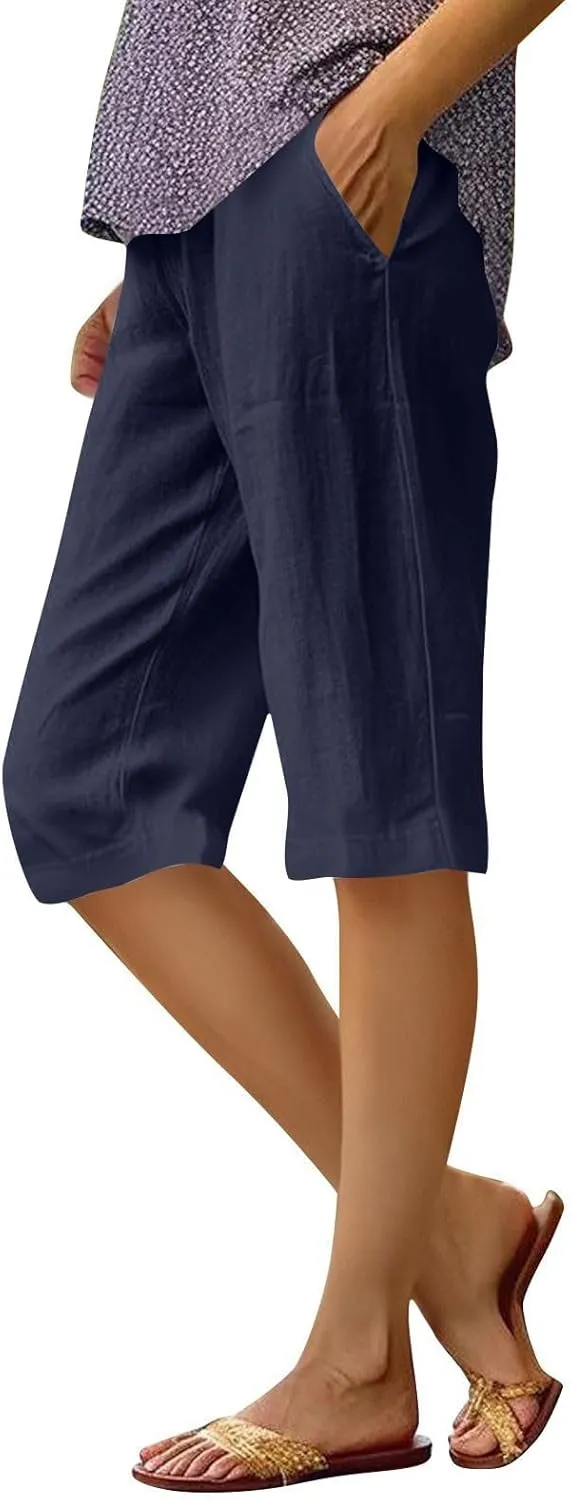 Women's Bermuda Shorts Lightweight Casual Cotton Linen Trouser Short Wide Leg 2025 Summer Beach Pants with Pockets