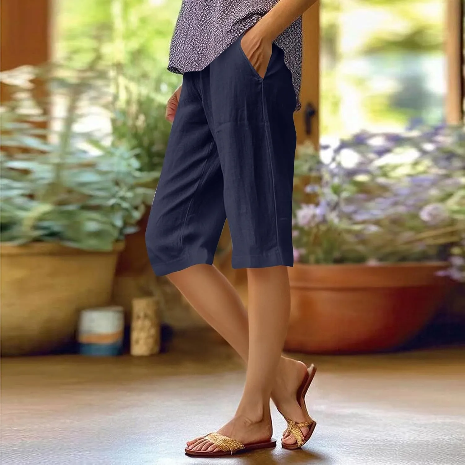 Women's Bermuda Shorts Lightweight Casual Cotton Linen Trouser Short Wide Leg 2025 Summer Beach Pants with Pockets